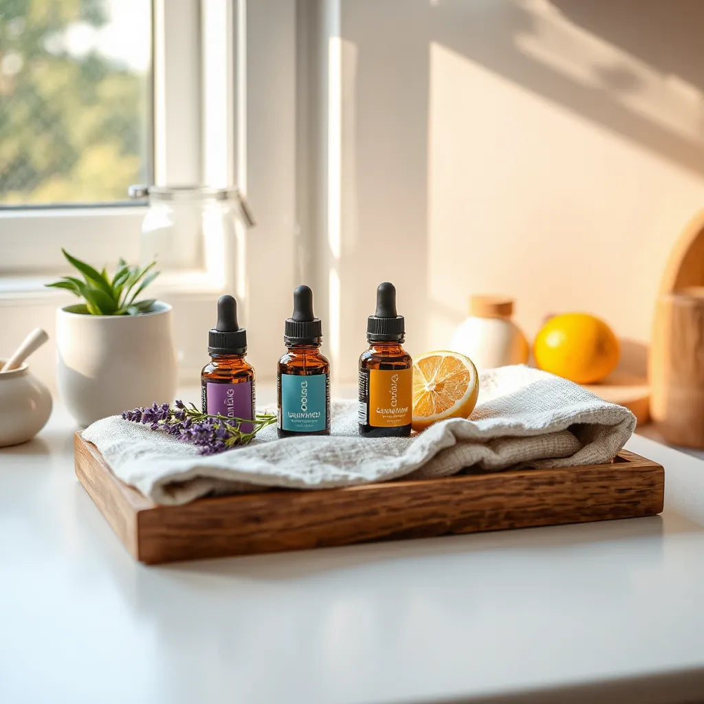 Difusor de aromaterapia con gotas de aceites esenciales y una toalla de lino en un entorno tranquilo