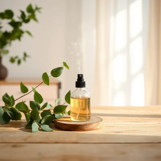 Difusor de vidrio con hojas frescas de eucalipto y niebla aromática en una mesa de madera