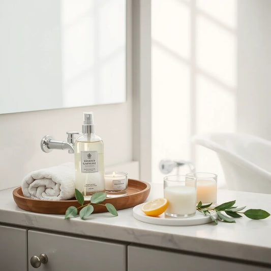 Spray aromatizante en un baño limpio con toallas blancas y hojas de eucalipto