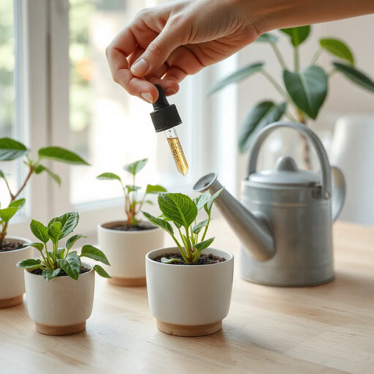 Mano aplicando aceite esencial con un gotero sobre la tierra de una planta en maceta