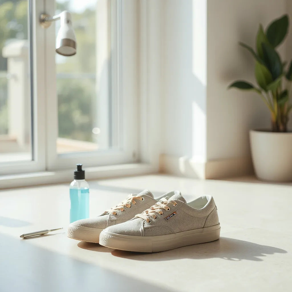 Par de zapatillas y un desodorante para zapatos con luz natural y ambiente fresco
