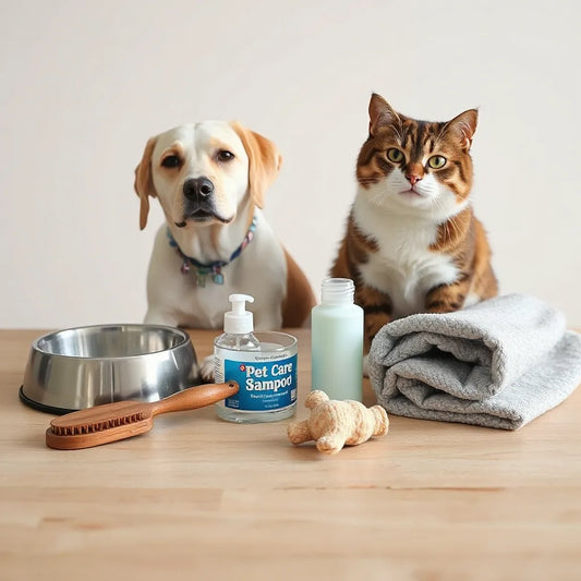 Selección de artículos para el cuidado de perros y gatos sobre una mesa de madera