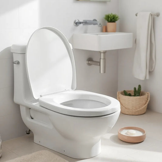 Toilet bowl limpio y producto desodorante en un baño con luz natural