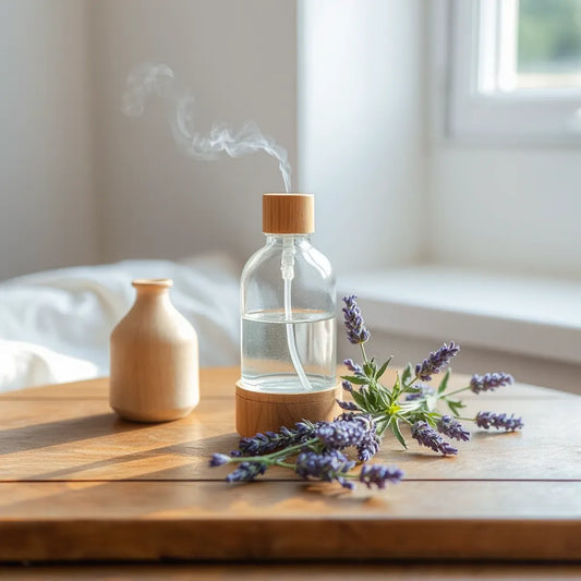 Difusor con bruma suave junto a flores de lavanda sobre una mesa de madera con luz natural