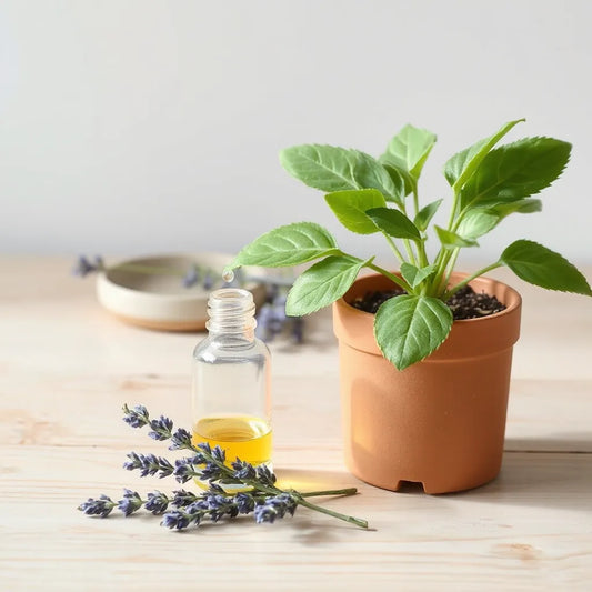 Maceta con hojas verdes y un gotero de aceite esencial junto a ramitas de lavanda