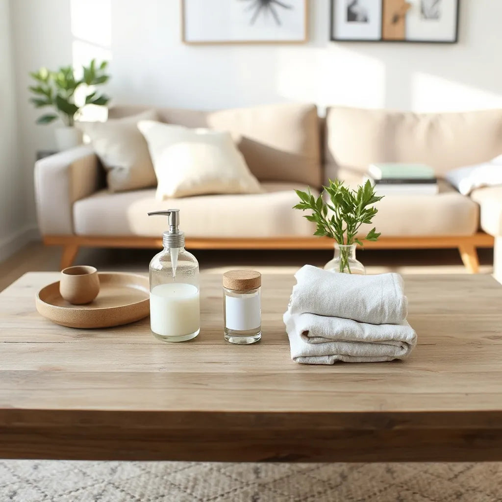 Productos para el hogar sobre una mesa de madera en una sala luminosa con textiles y planta