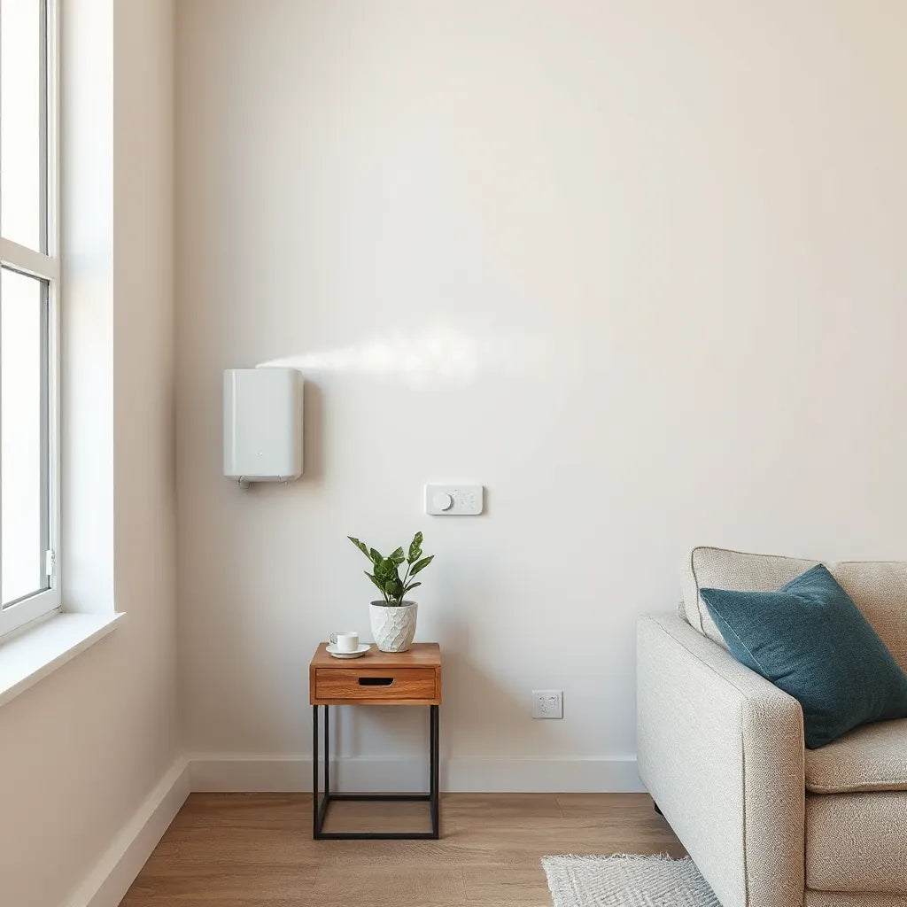 Aromatizante automático moderno instalado en una sala luminosa, con decoración minimalista