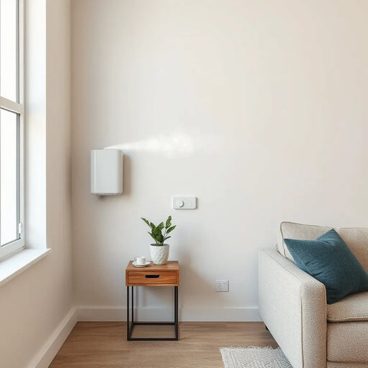 Aromatizante automático moderno instalado en una sala luminosa, con decoración minimalista