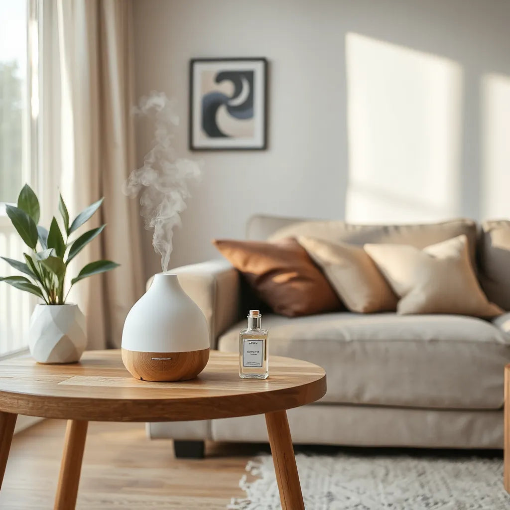 Difusor y botella de aromatizante en una mesa de sala con luz natural y un aroma sutil en el ambiente