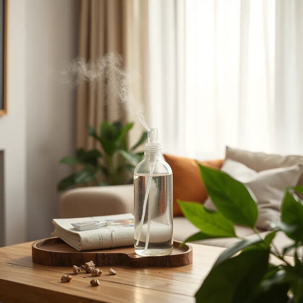Spray aromatizante rociando una niebla fina en una sala luminosa, con plantas de fondo