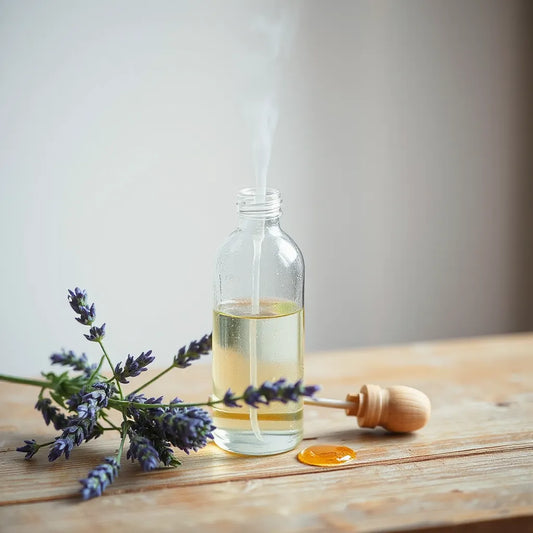 Frasco de spray de vidrio liberando una bruma fina con lavanda y gotas de aceites esenciales sobre madera