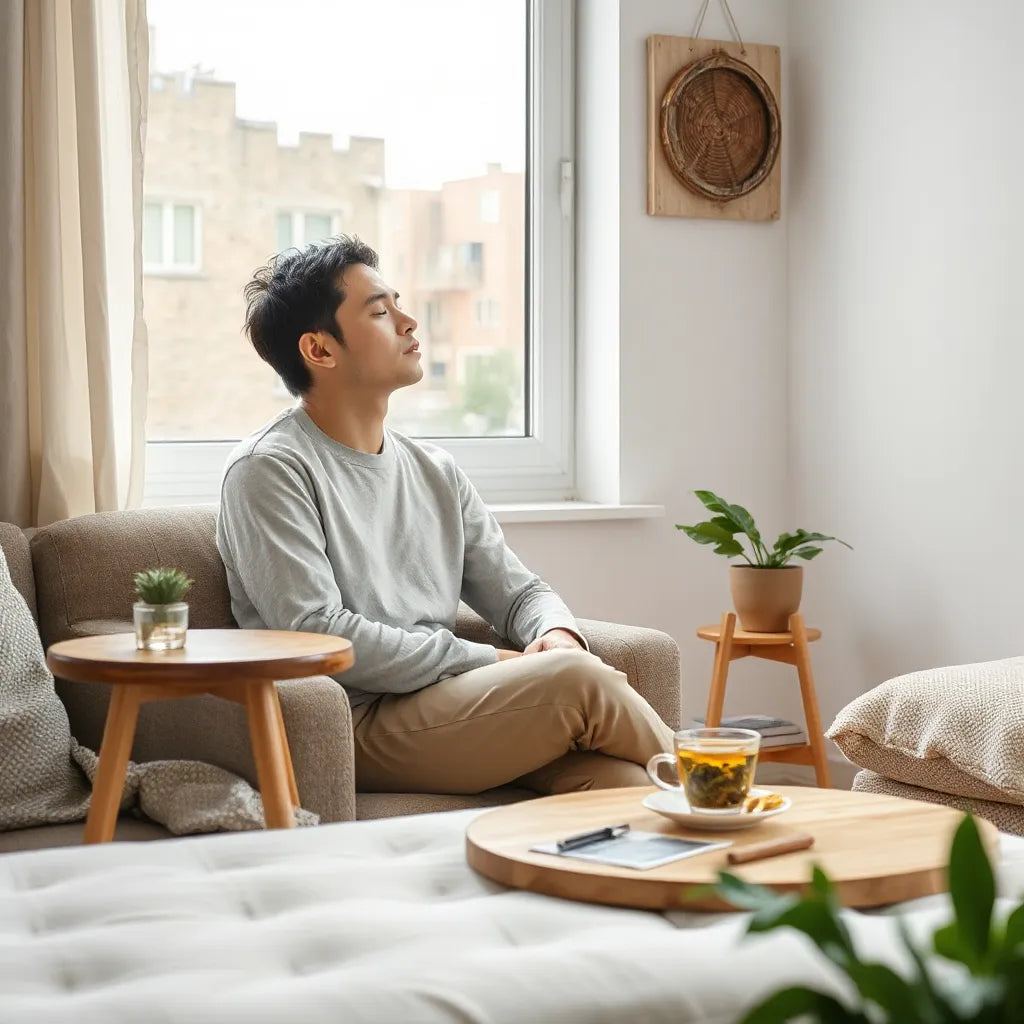 Persona relajada junto a una ventana con té de hierbas y luz natural suave