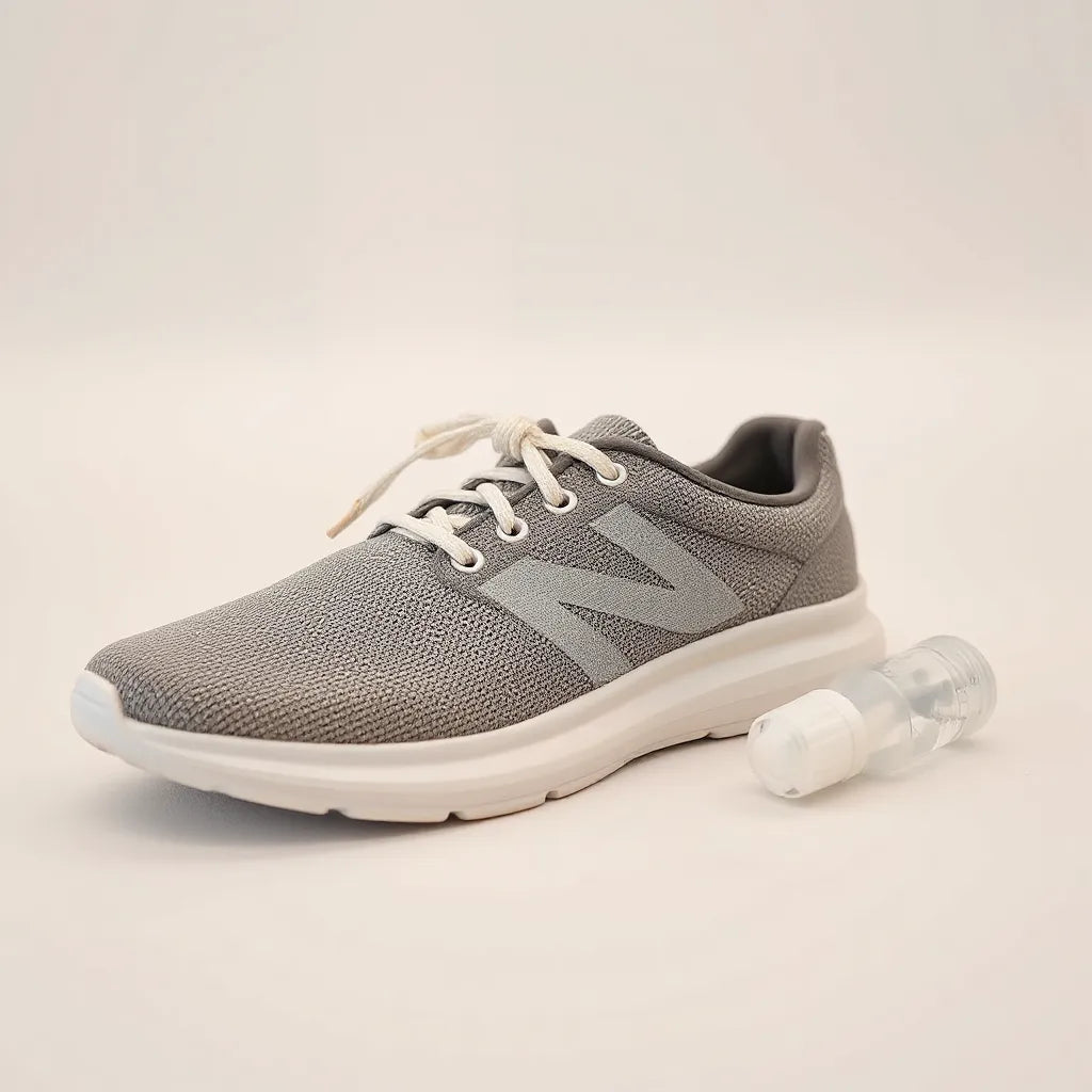 Par de zapatillas con un desodorante para zapatos y sensación de frescura en un fondo claro