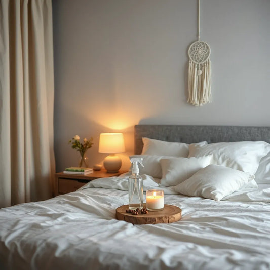 Spray de niebla junto a la cama con luz cálida y un atrapasueños al fondo