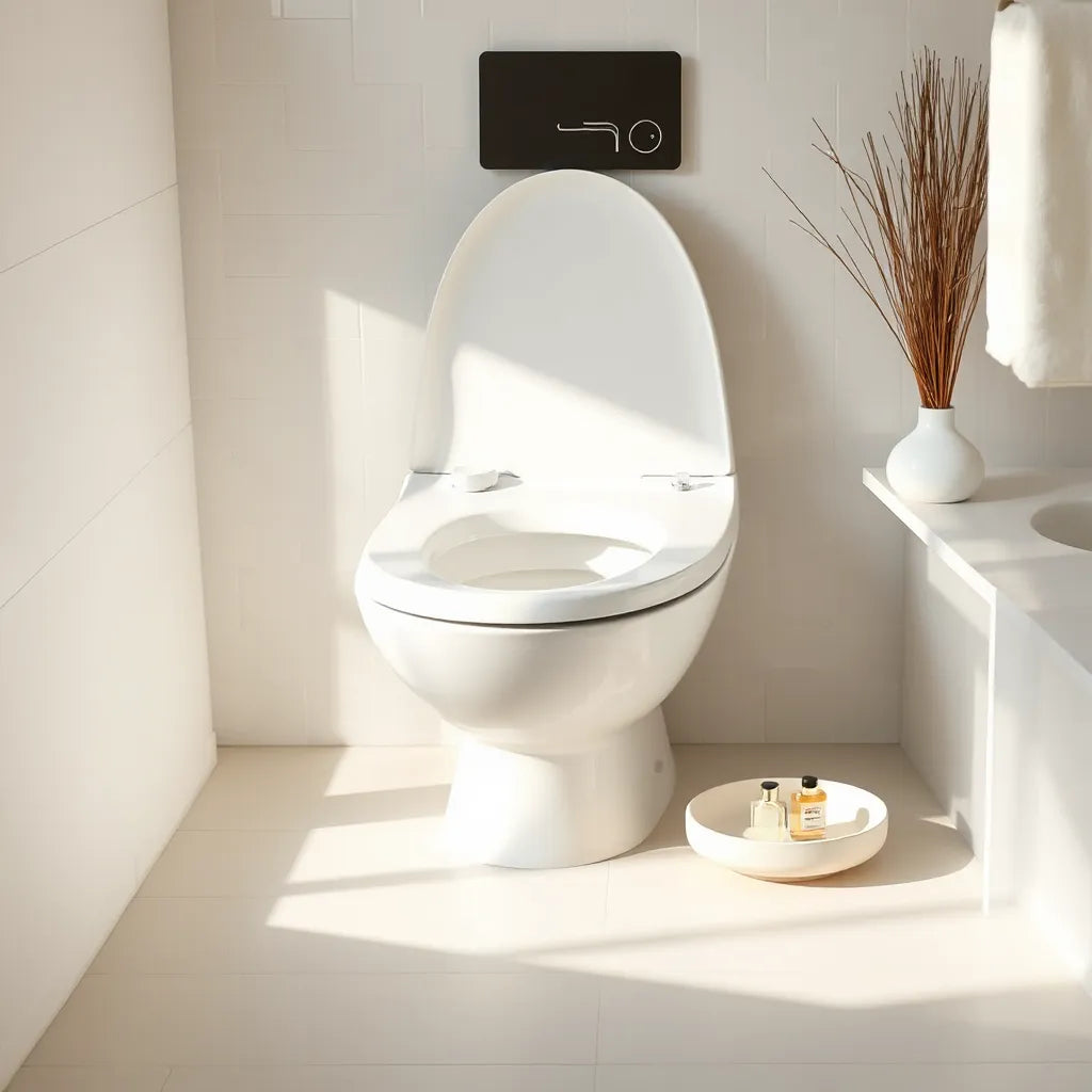 Inodoro moderno con un aromatizante discreto y superficie limpia, listo para eliminar olores del baño