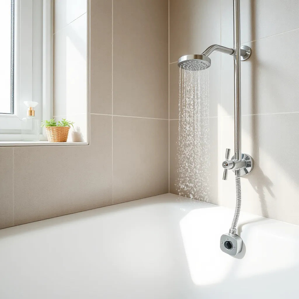 Dispositivo de vapor en la ducha con vapor suave junto al cabezal de la regadera en un baño moderno