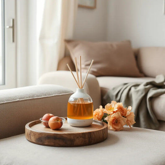 Difusor de aroma con acento durazno sobre mesa de madera, junto a duraznos frescos y flores suaves