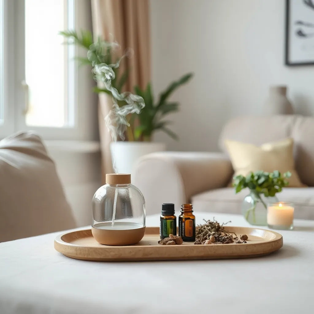 Difusor de aceites esenciales con niebla suave en sala minimalista, acompañado de botellas y elementos naturales