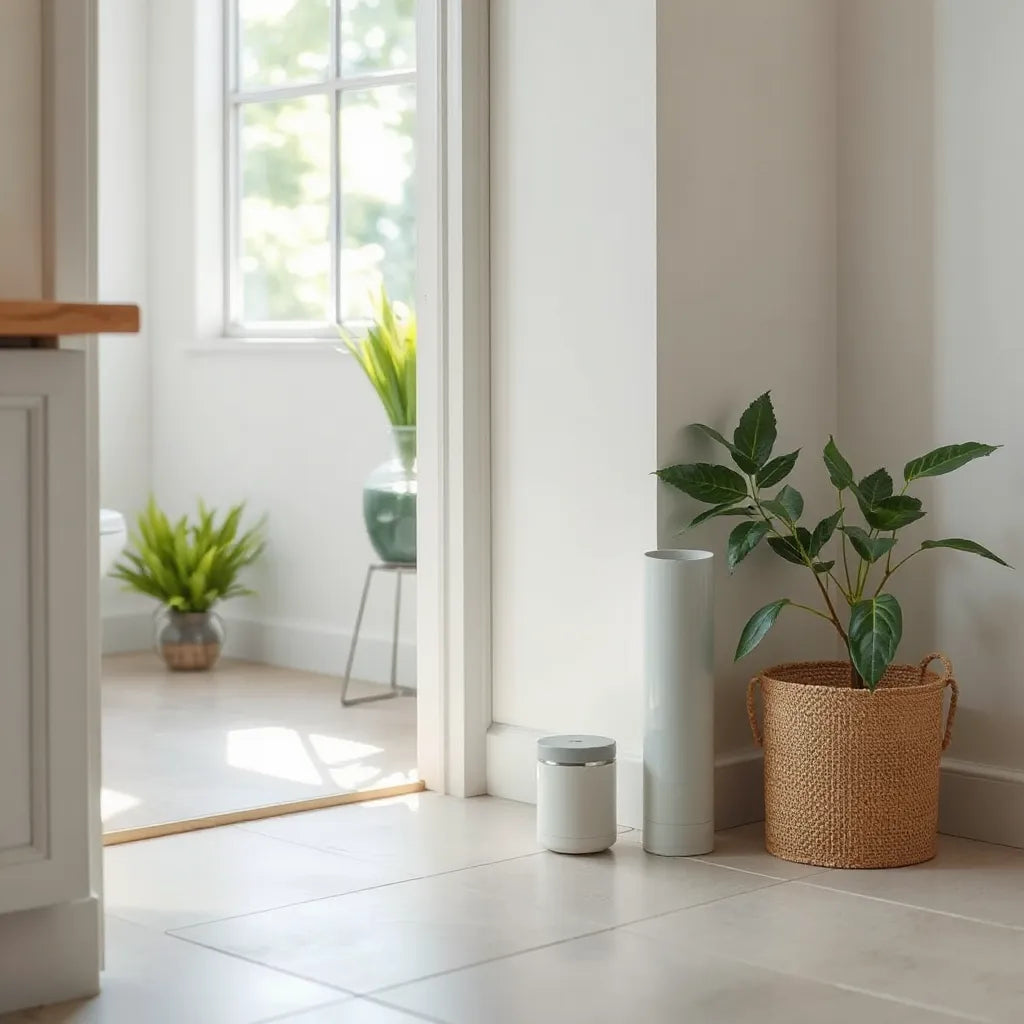 Dispositivo discreto de barrera aromática junto a una entrada del baño, con efecto de difusión sutil y ambiente limpio