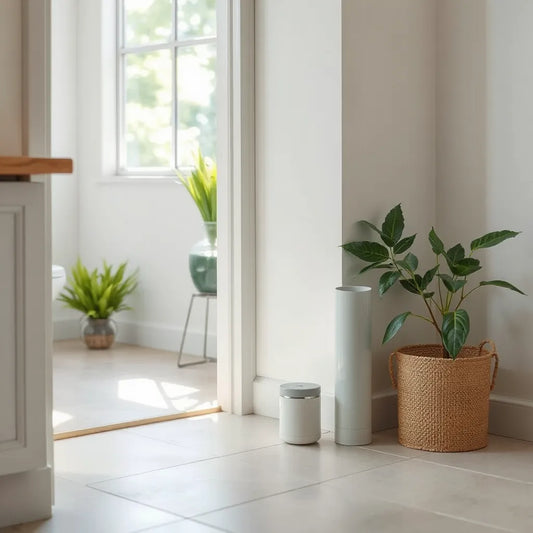 Dispositivo discreto de barrera aromática junto a una entrada del baño, con efecto de difusión sutil y ambiente limpio