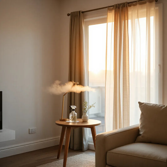 Niebla fina de un rociador sobre una sala luminosa por la mañana, con una botella en la mesa