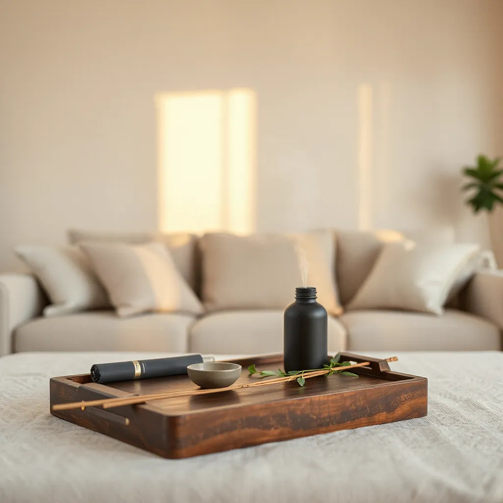 Elegante sala con difusor de fragancia y elementos naturales en tonos neutros