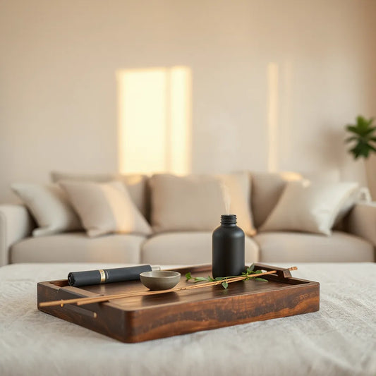 Elegante sala con difusor de fragancia y elementos naturales en tonos neutros