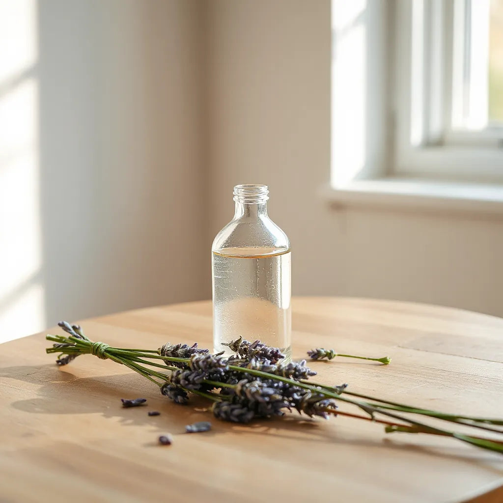 Difusor de vidrio con esencia de lavanda y ramitas frescas sobre una mesa de madera con luz natural suave