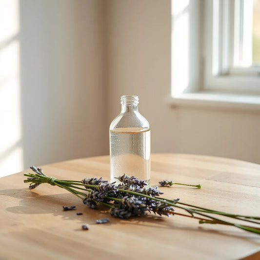 Difusor de vidrio con esencia de lavanda y ramitas frescas sobre una mesa de madera con luz natural suave