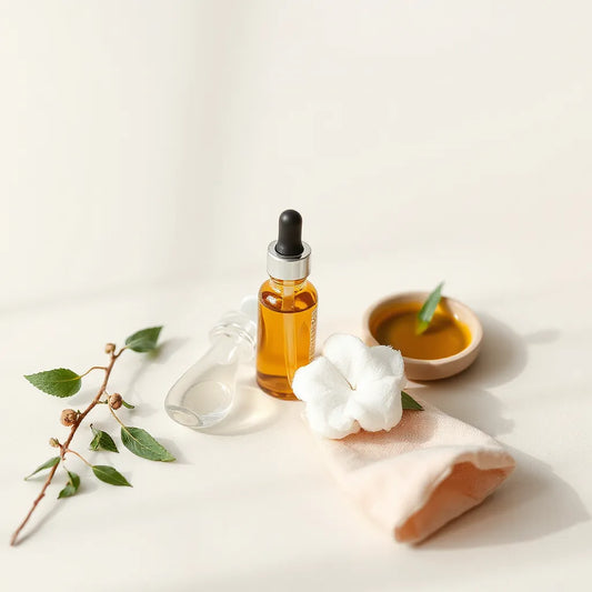 Frascos cosméticos minimalistas con gotero y hojas botánicas sobre fondo claro, estilo limpio y calmado