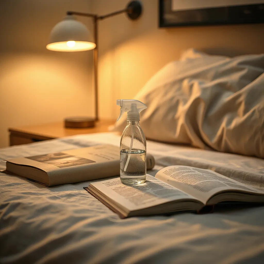 Spray en vidrio liberando una niebla suave sobre la mesa de noche, con lámpara cálida y almohada