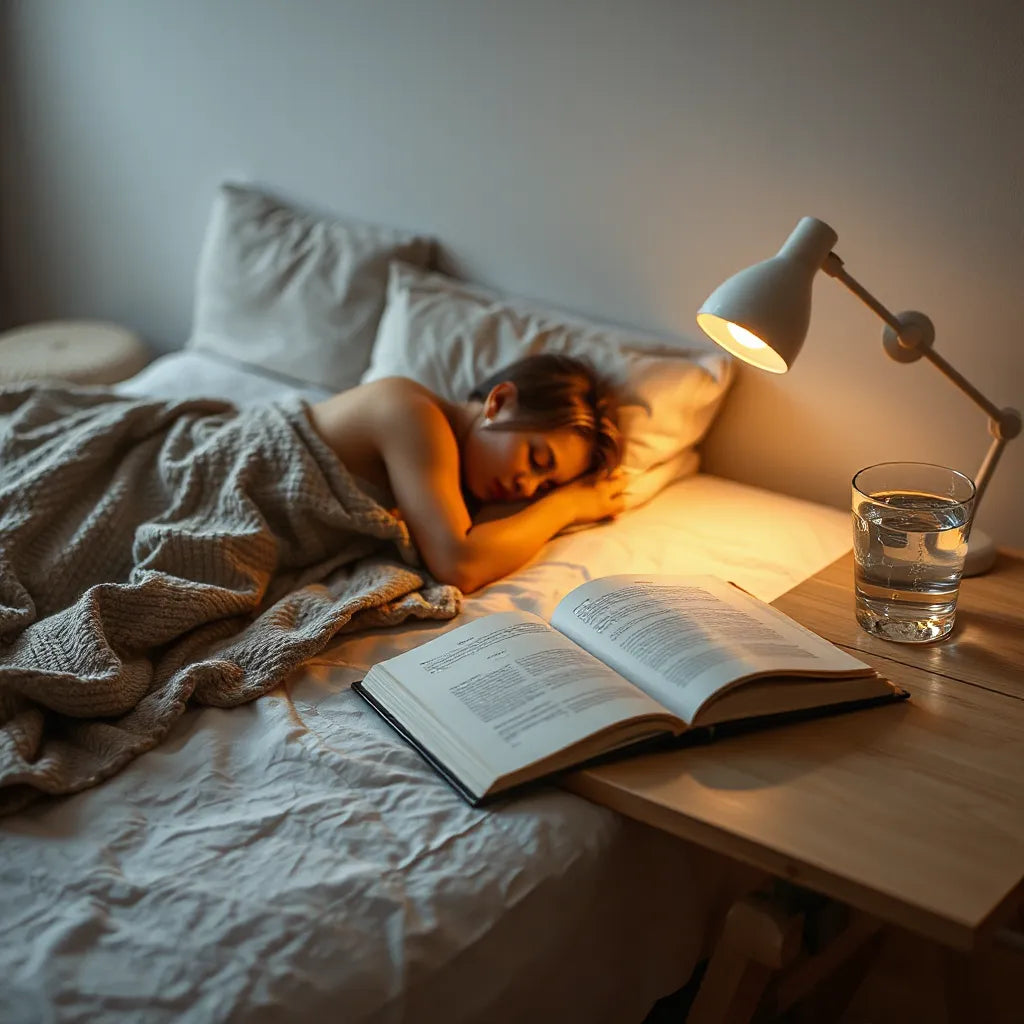 Persona descansando con iluminación suave en un dormitorio tranquilo y acogedor