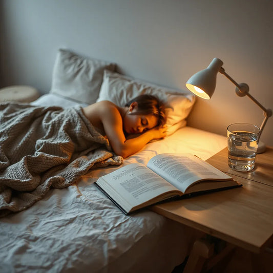 Persona descansando con iluminación suave en un dormitorio tranquilo y acogedor