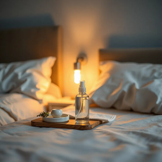 Spray de aroma relajante junto a una lámpara de noche en una habitación tranquila