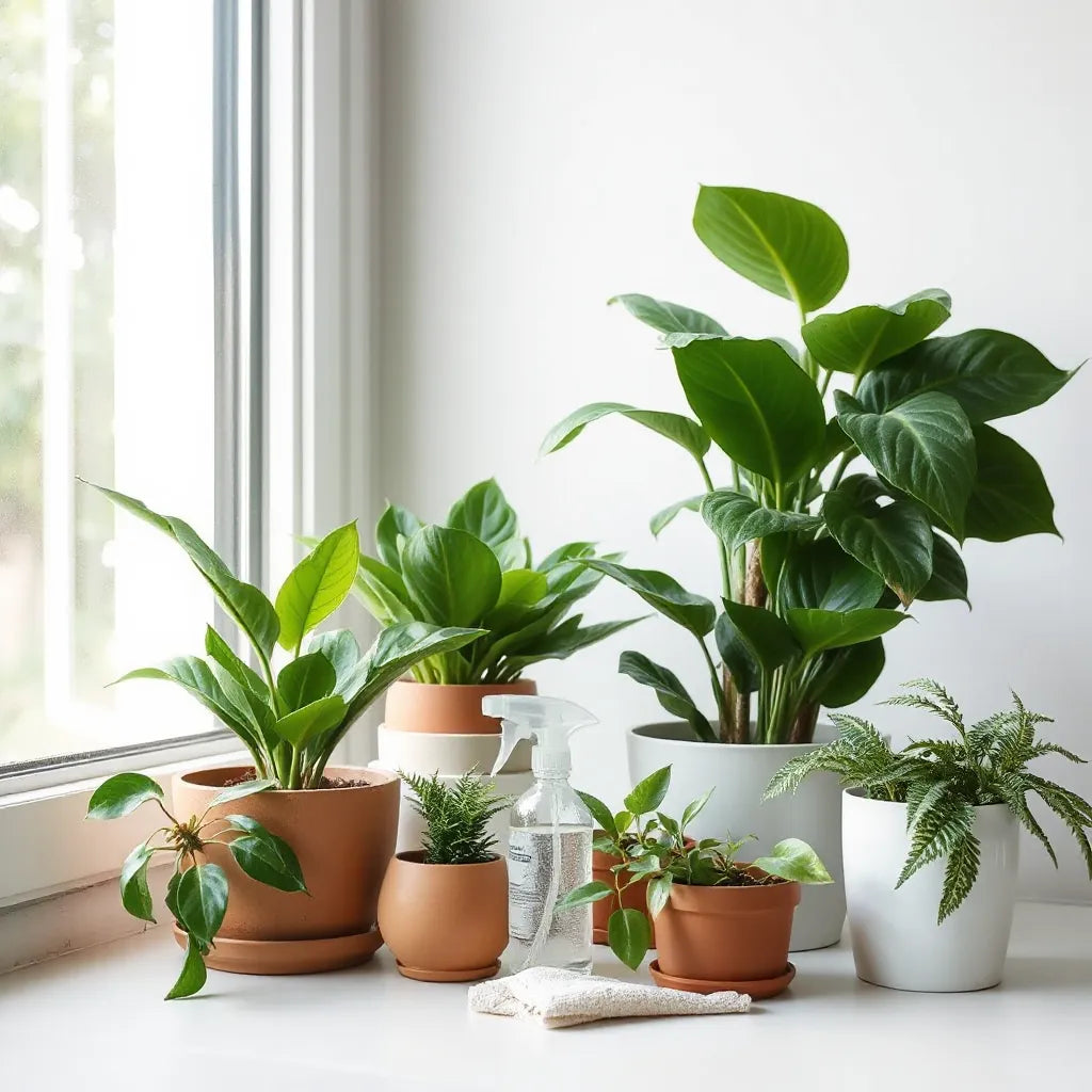 Hojas verdes brillantes de plantas de interior sobre un alféizar con paño de microfibra y atomizador sin etiquetas