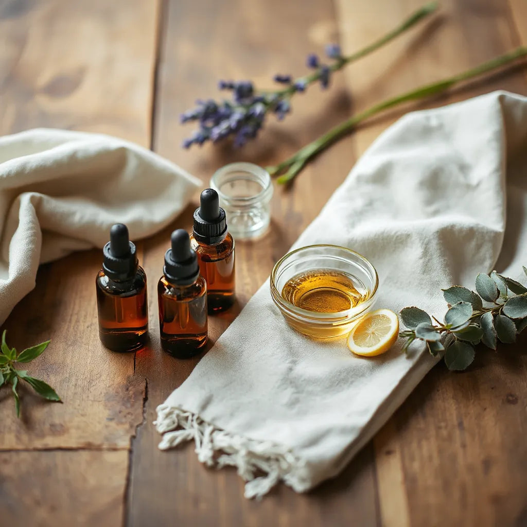 Botellas de aceites esenciales y hojas botánicas sobre una mesa de madera, con luz natural suave