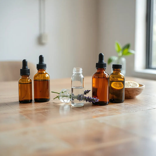 Botellas de aceites esenciales de vidrio con gotero y lavanda sobre una mesa de madera con luz natural