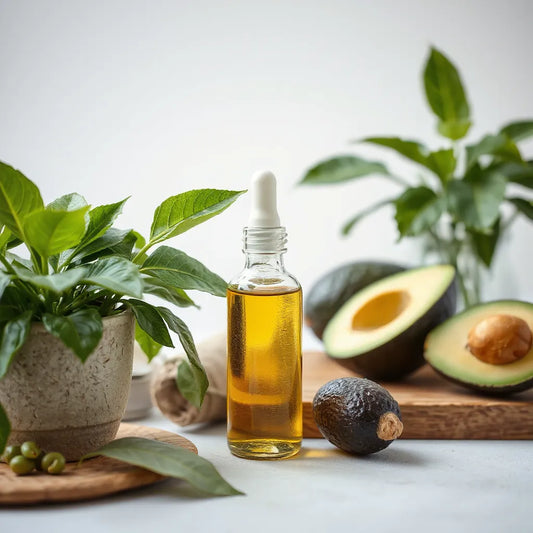 Botellita con aceite de aguacate junto a plantas en maceta con hojas brillantes y naturales