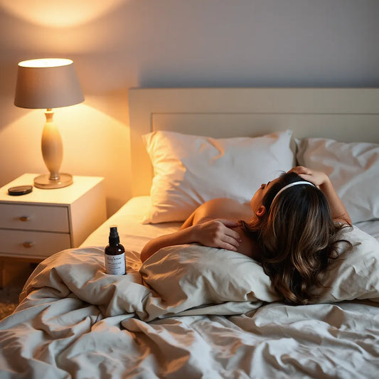 Spray sin etiquetas sobre una mesita de noche junto a una cama iluminada con luz cálida