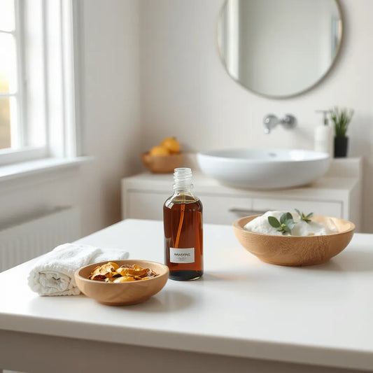 Aromatizante de baño sobre el lavabo junto a toallas blancas y elementos aromáticos naturales