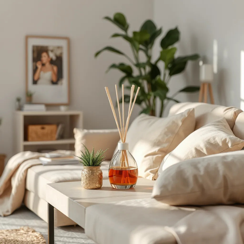 Difusor de fragancia en una sala luminosa con decoración minimalista y ambiente cálido