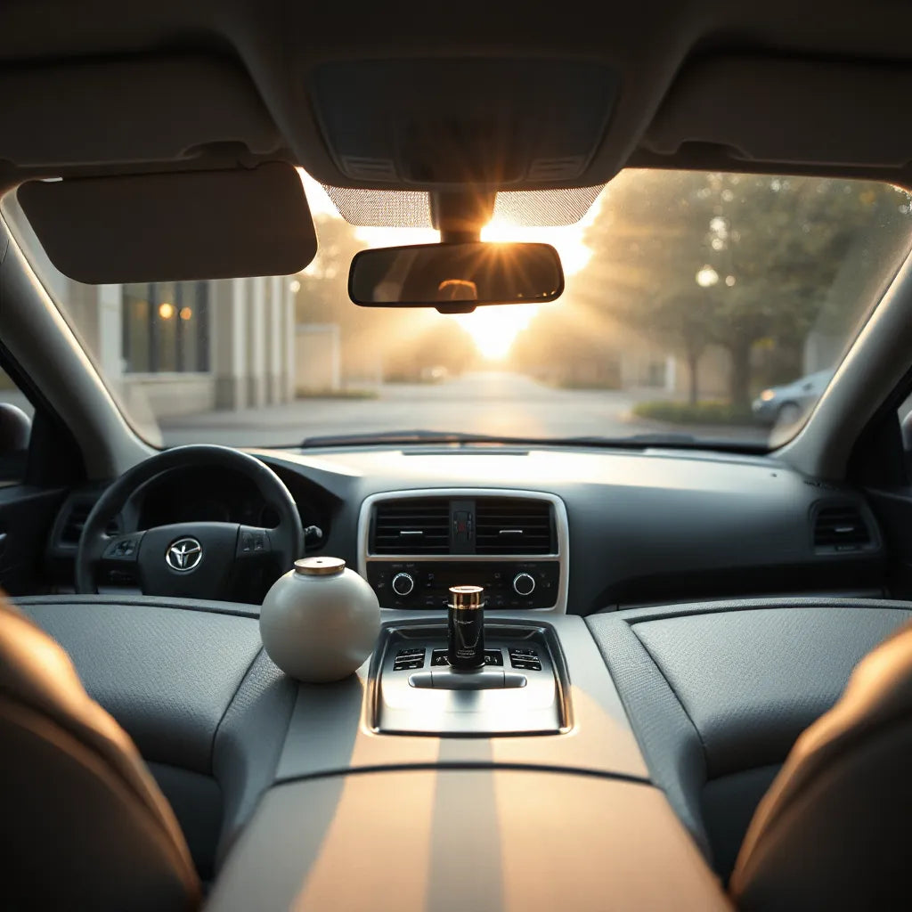Ambientador discreto en el tablero del automóvil junto a las salidas de aire, con interior limpio y luz natural