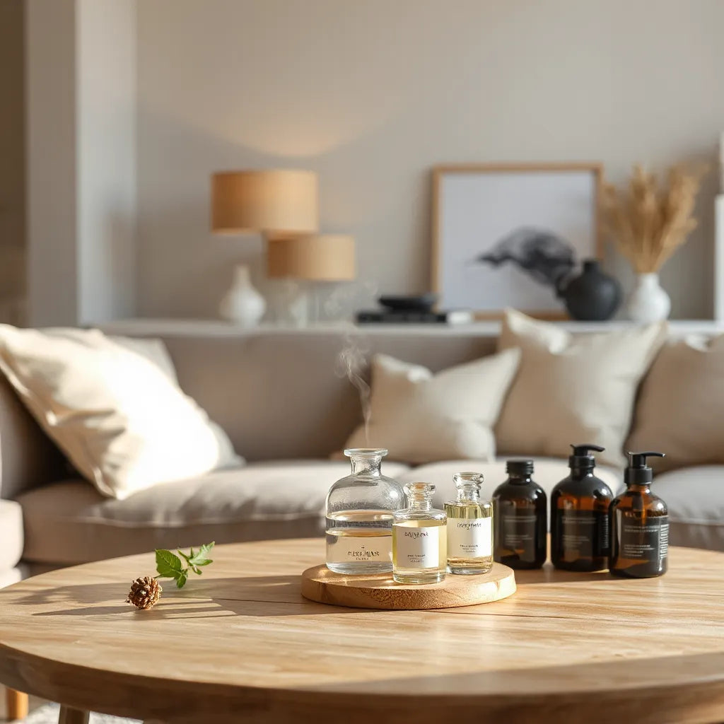 Difusor de fragancia y botellas sobre una mesa de madera en una sala con luz cálida
