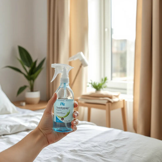 Spray de habitación liberando una ligera bruma sobre una cortina en un dormitorio luminoso