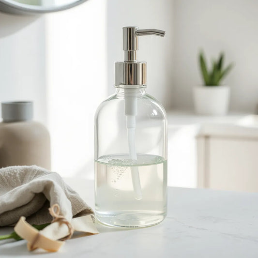 Dispenser de jabón líquido transparente sobre un tocador limpio con luz natural