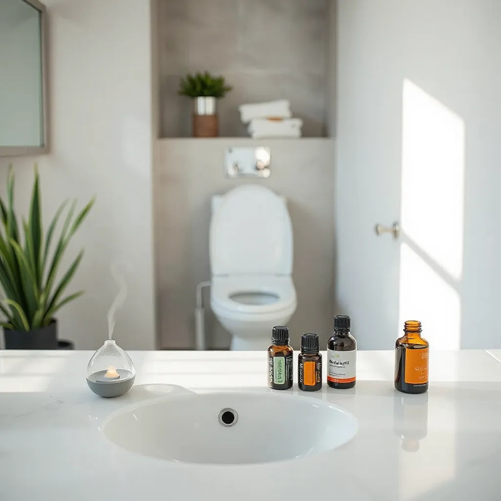 Difusor con aceites esenciales sobre el lavabo y un baño limpio, ideal para reducir malos olores