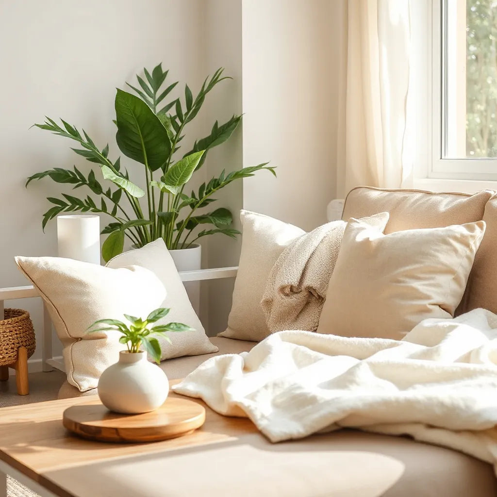 Cálida sala con luz natural, textiles suaves, una planta y un difusor en una mesa de madera