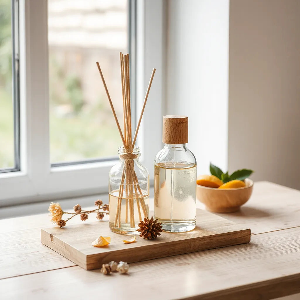 Difusor de ambiente ecológico con ingredientes naturales sobre una mesa junto a una ventana