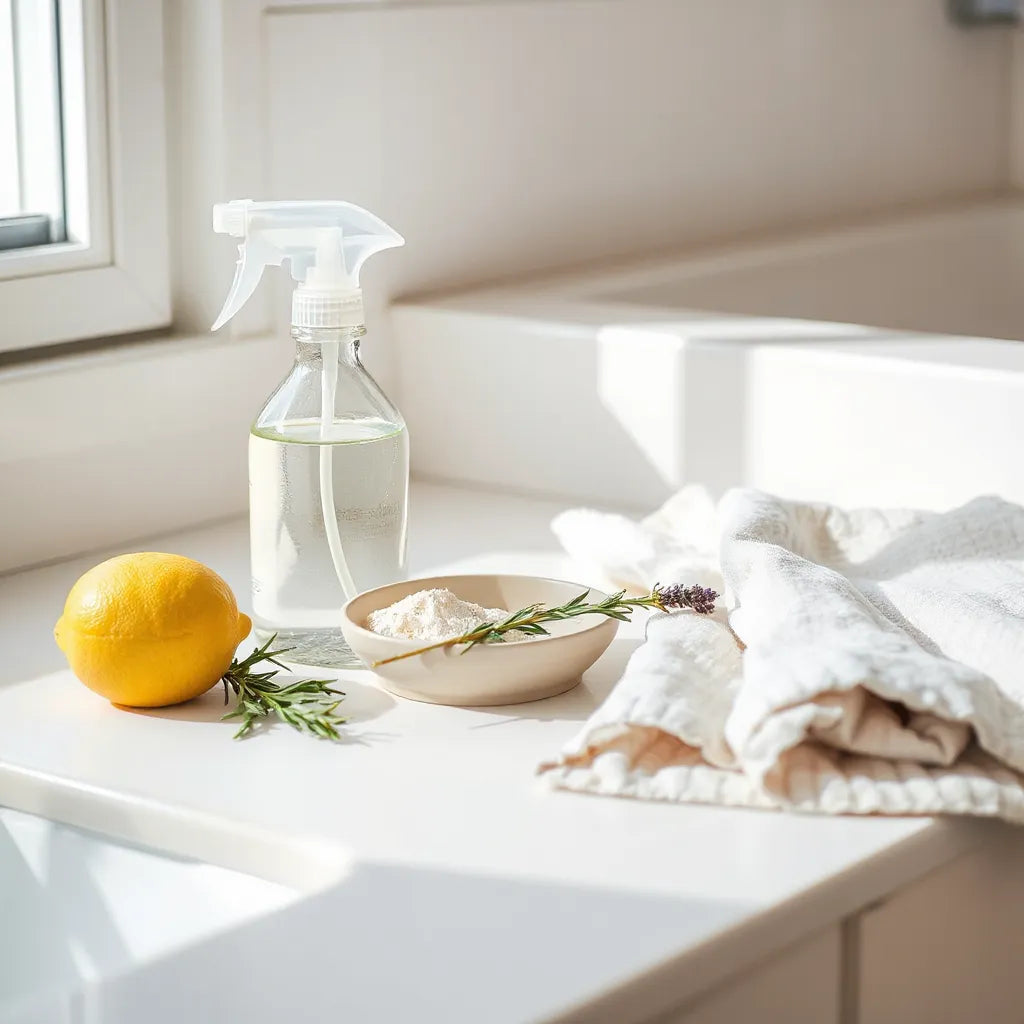 Spray natural y bicarbonato con limón y hierbas frescas sobre un mostrador limpio