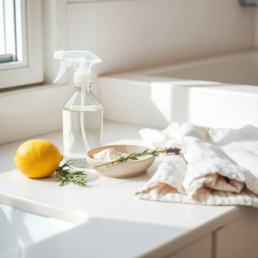 Spray natural y bicarbonato con limón y hierbas frescas sobre un mostrador limpio